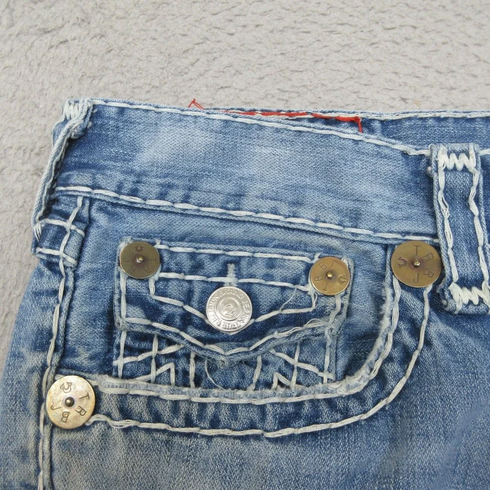 True Religion Joey Super T Jean Shorts Mens 36 Blue Light Wash Distressed USA